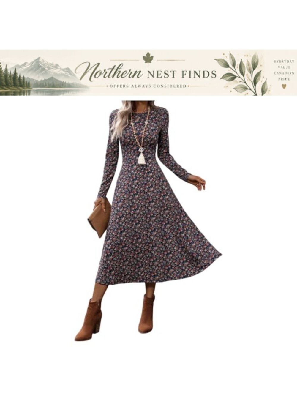 Women's Floral Puff Sleeve Midi Dress Boho A Line Fit Flare Long Sleeve